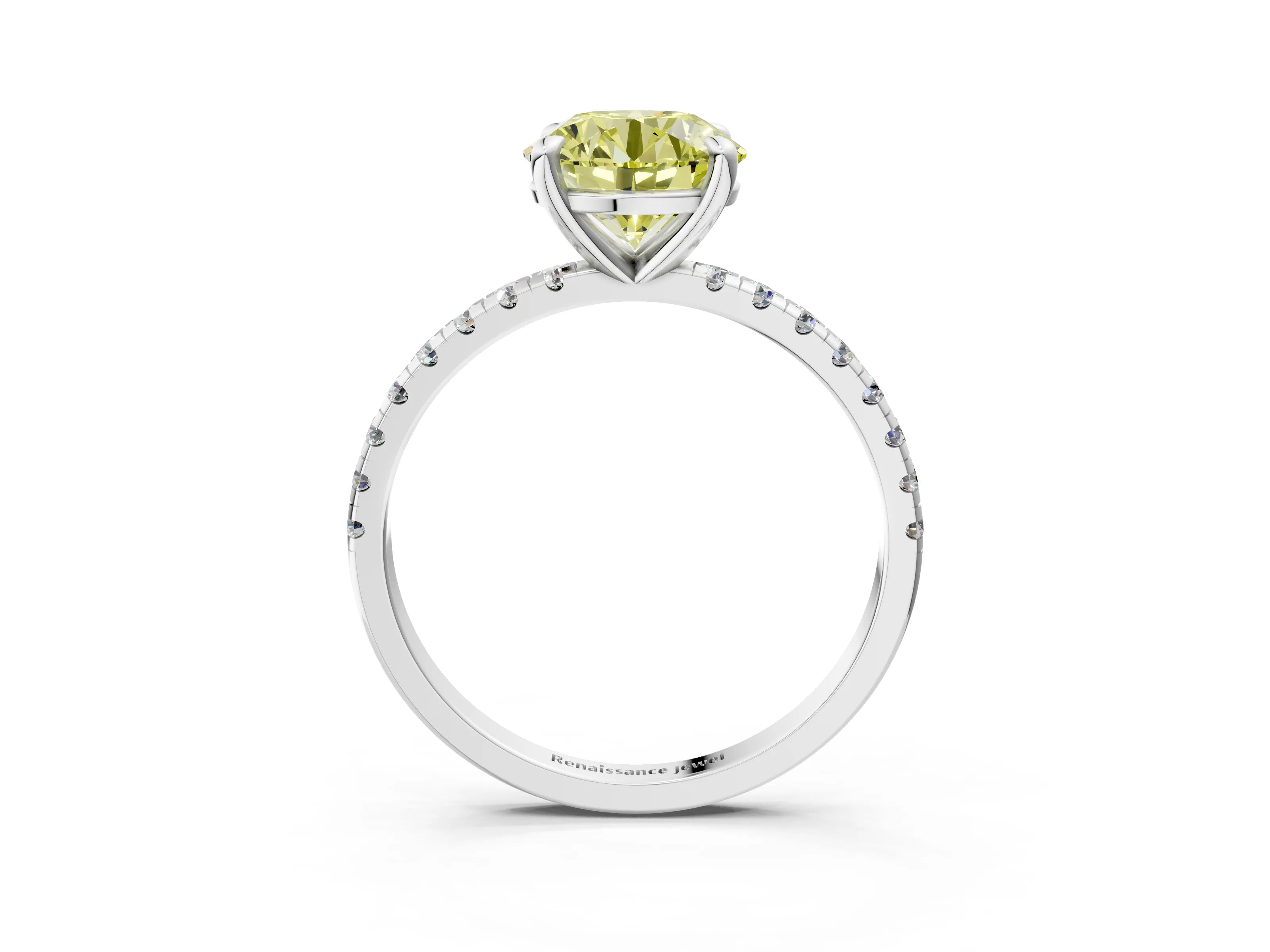 White gold Fancy Yellow Round Cut Diamond Brilliant Solitaire Ring with Pavé Band and Four-Prong Setting_3