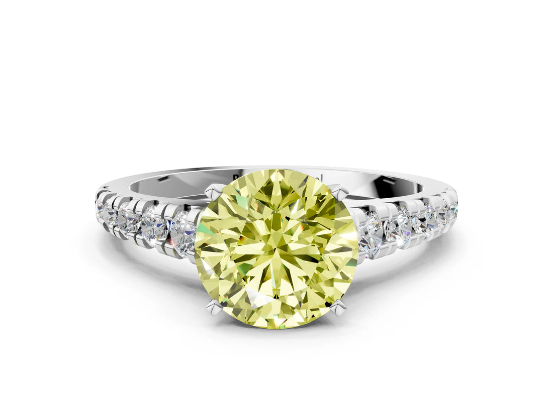 White gold Fancy Yellow Round Cut Diamond Cathedral Solitaire Ring with Round  Pavé Band_89
