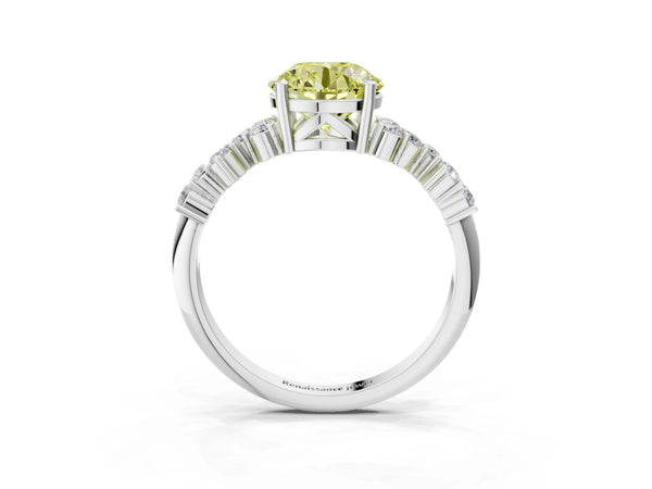 White gold Fancy Yellow Round Cut Diamond Cluster Pavé Band with Four-Prong Setting