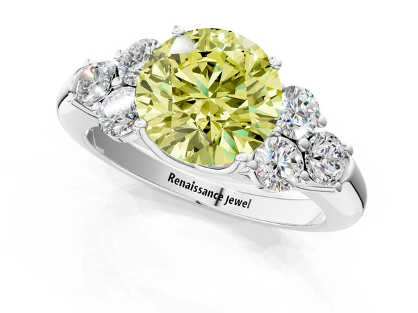 White gold Fancy Yellow Round  Cut Diamond Cluster Ring with Round Accent Stones and Prong Setting on a Classic Band
