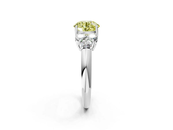White gold Fancy Yellow Round  Cut Diamond Cluster Ring with Round Accent Stones and Prong Setting on a Classic Band