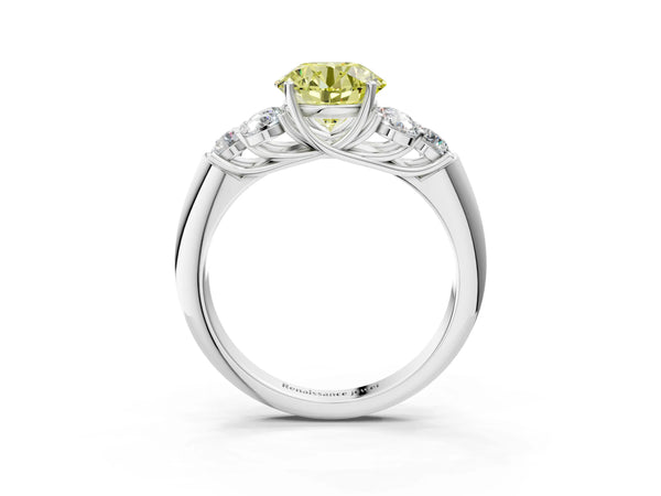 White gold Fancy Yellow Round  Cut Diamond Cluster Ring with Round Accent Stones and Prong Setting on a Classic Band