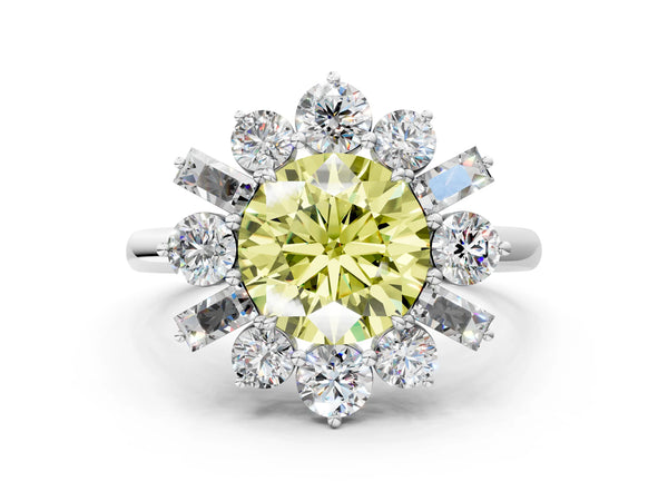 Platinum Fancy Yellow Round Cut Diamond Cluster Ring with Round and Baguette Stones, Split Shank Band, Prong Setting