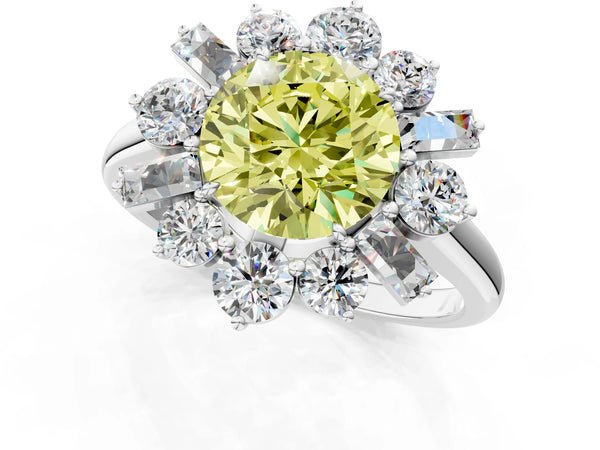 Platinum Fancy Yellow Round Cut Diamond Cluster Ring with Round and Baguette Stones, Split Shank Band, Prong Setting