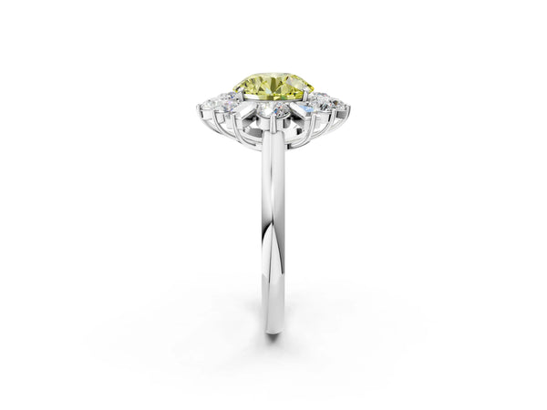Platinum Fancy Yellow Round Cut Diamond Cluster Ring with Round and Baguette Stones, Split Shank Band, Prong Setting