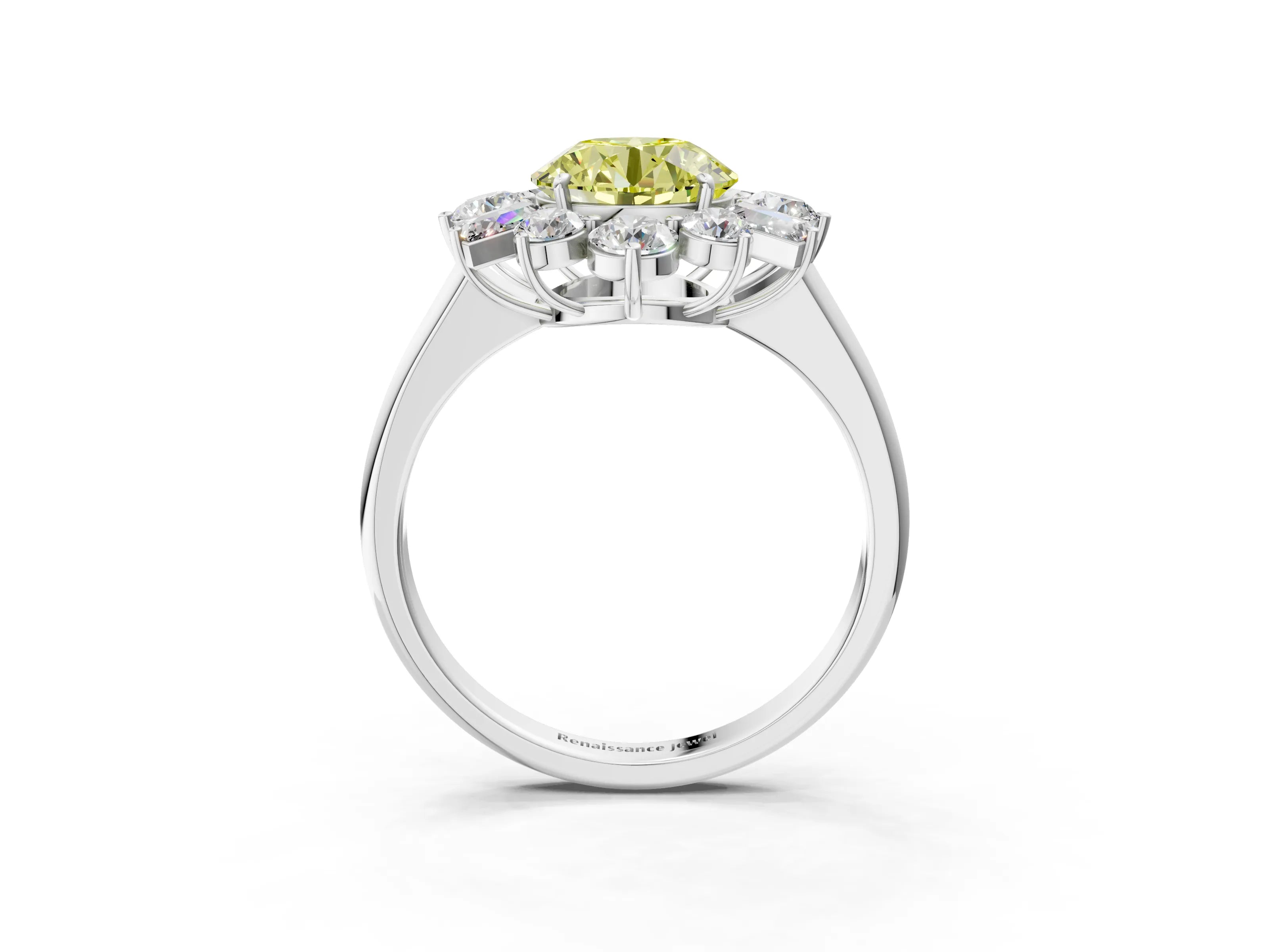 White gold Fancy Yellow Round Cut Diamond Cluster Ring with Round and Baguette Stones, Split Shank Band, Prong Setting_15
