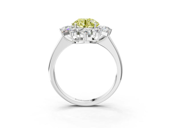 Platinum Fancy Yellow Round Cut Diamond Cluster Ring with Round and Baguette Stones, Split Shank Band, Prong Setting