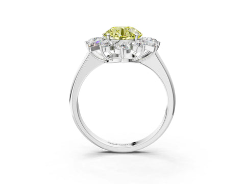 White gold Fancy Yellow Round Cut Diamond Cluster Ring with Round and Baguette Stones, Split Shank Band, Prong Setting_15