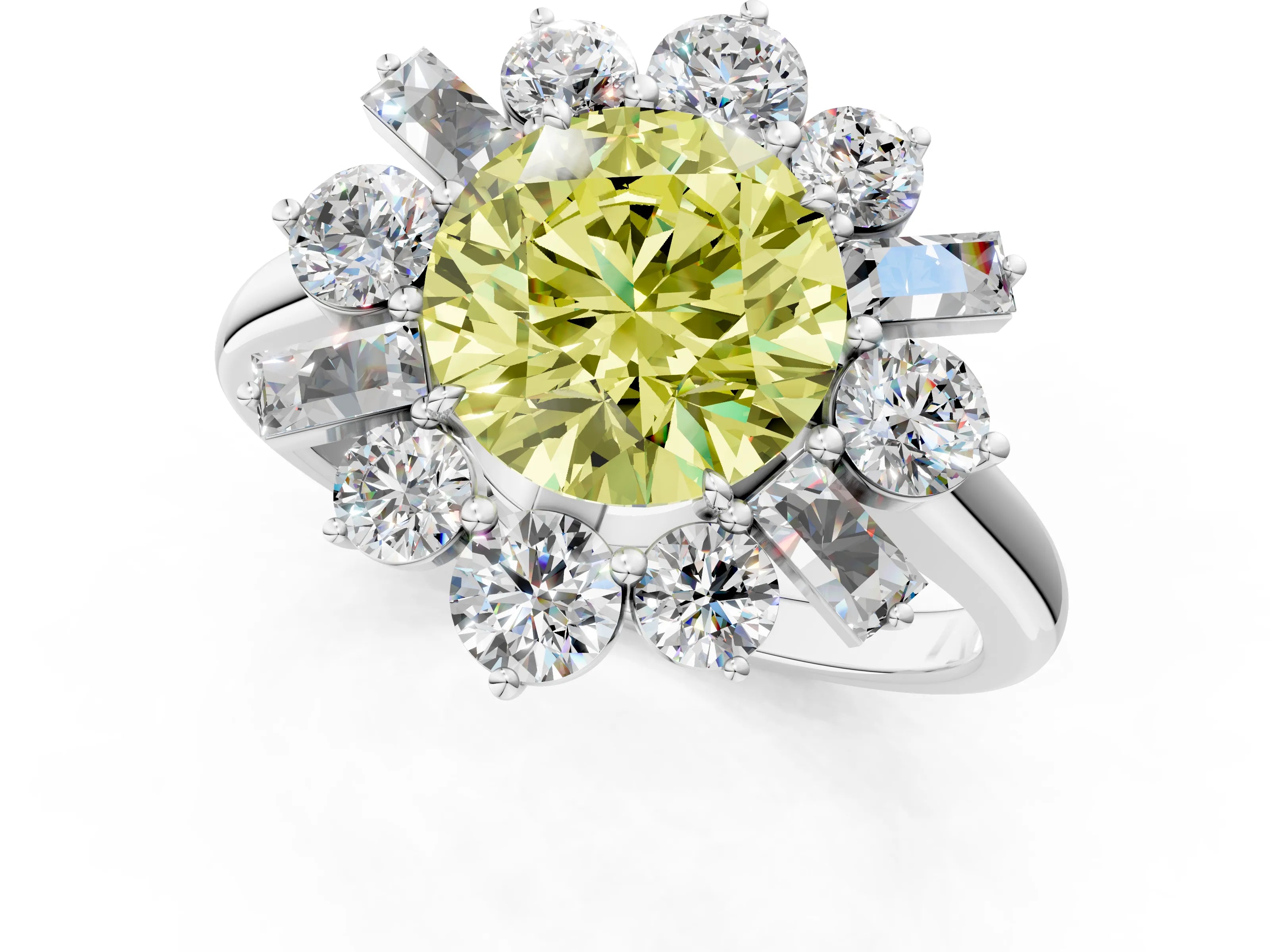 White gold Fancy Yellow Round Cut Diamond Cluster Ring with Round and Baguette Stones, Split Shank Band, Prong Setting_1