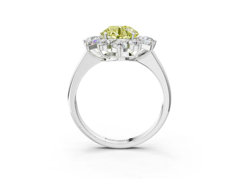 White gold Fancy Yellow Round Cut Diamond Cluster Ring with Round and Baguette Stones, Split Shank Band, Prong Setting_3