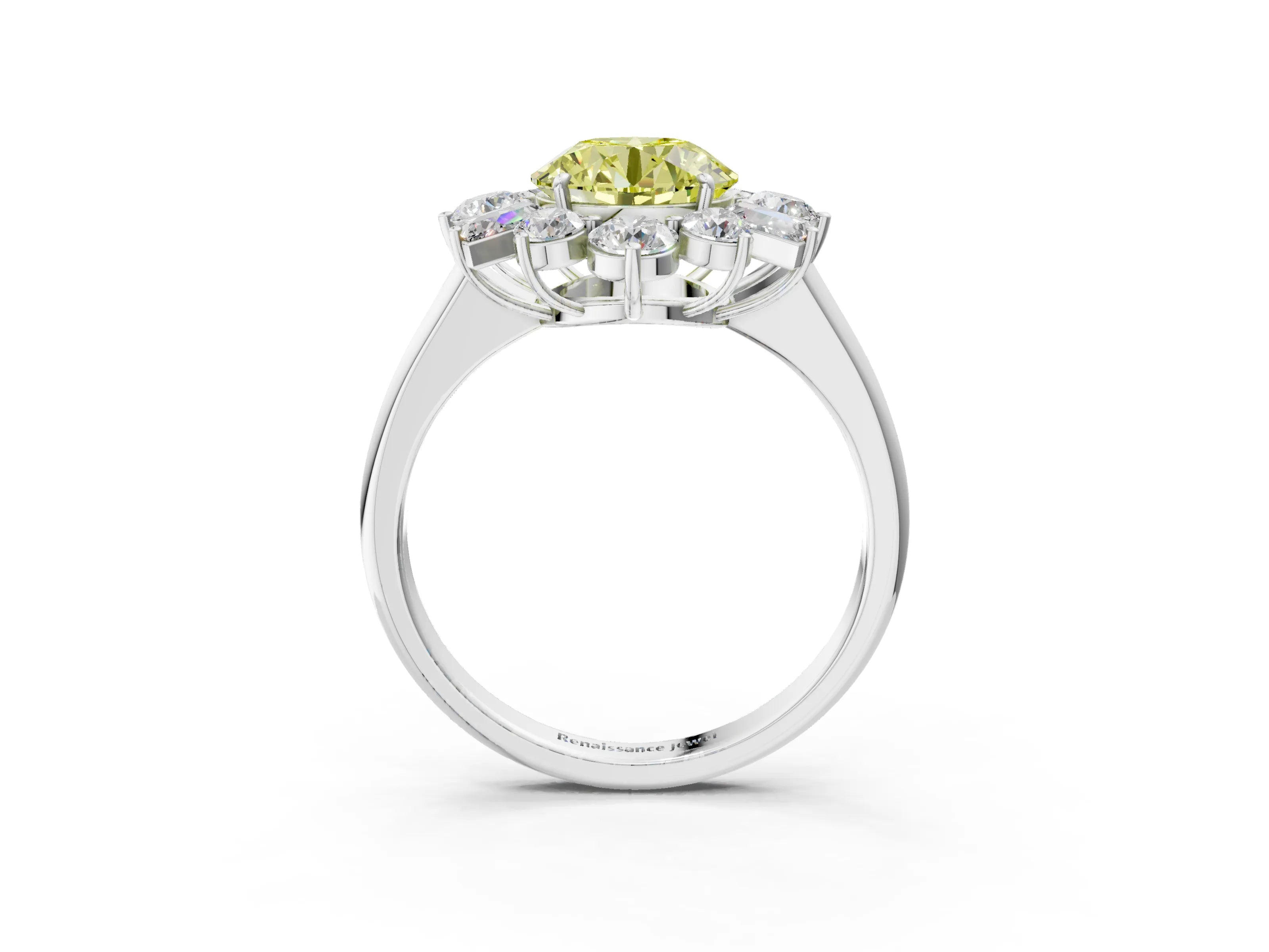 White gold Fancy Yellow Round Cut Diamond Cluster Ring with Round and Baguette Stones, Split Shank Band, Prong Setting_3