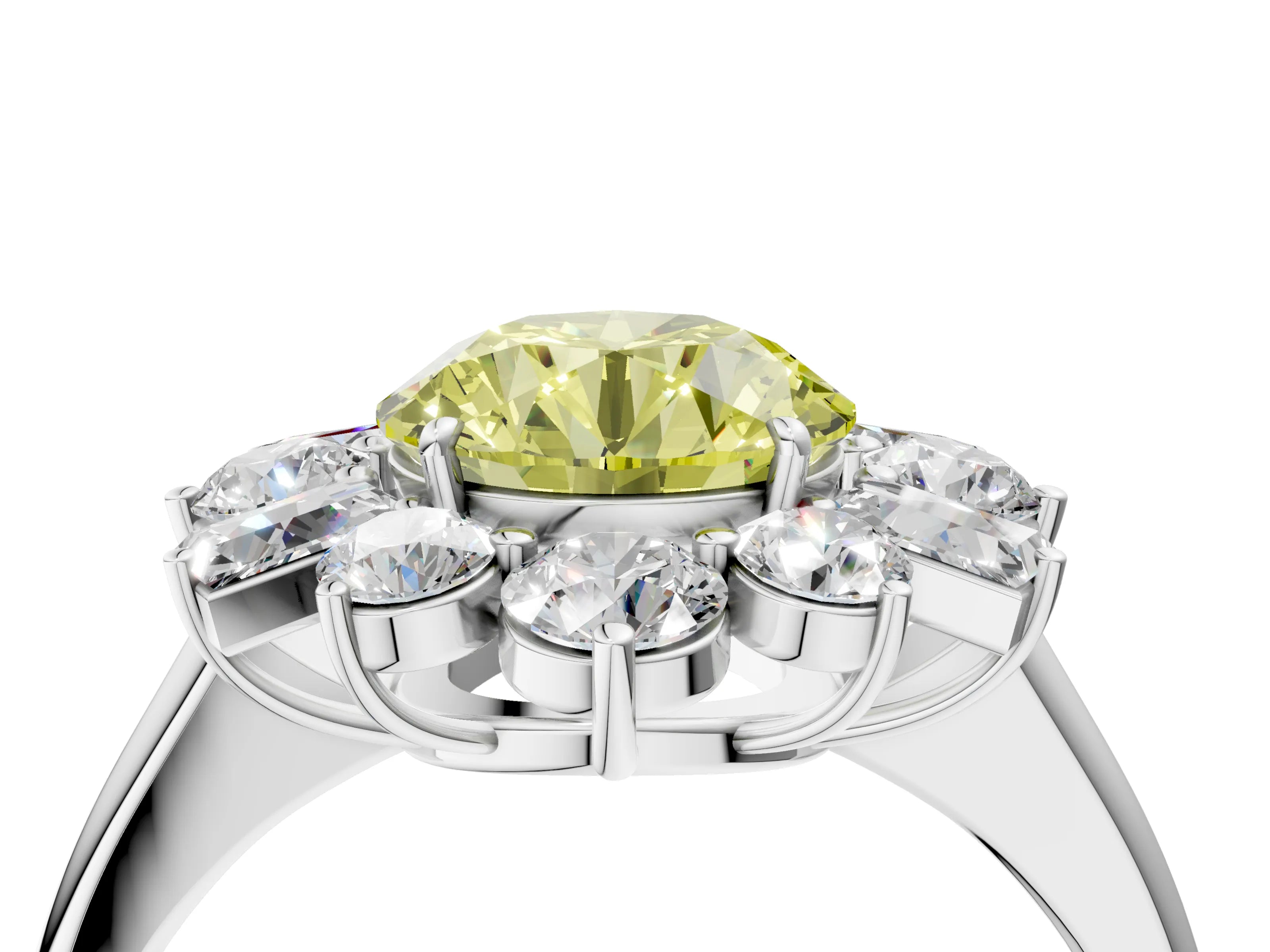 White gold Fancy Yellow Round Cut Diamond Cluster Ring with Round and Baguette Stones, Split Shank Band, Prong Setting_4