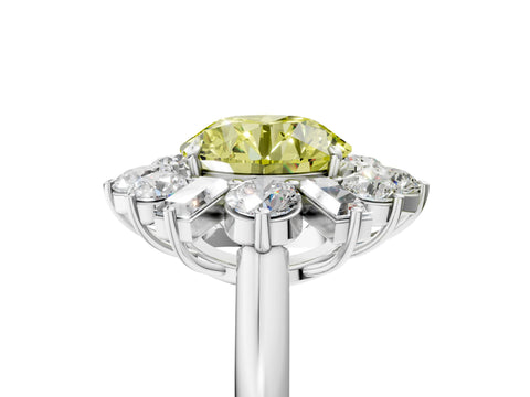 White gold Fancy Yellow Round Cut Diamond Cluster Ring with Round and Baguette Stones, Split Shank Band, Prong Setting_5