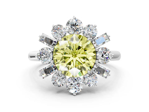 White gold Fancy Yellow Round Cut Diamond Cluster Ring with Round and Baguette Stones, Split Shank Band, Prong Setting