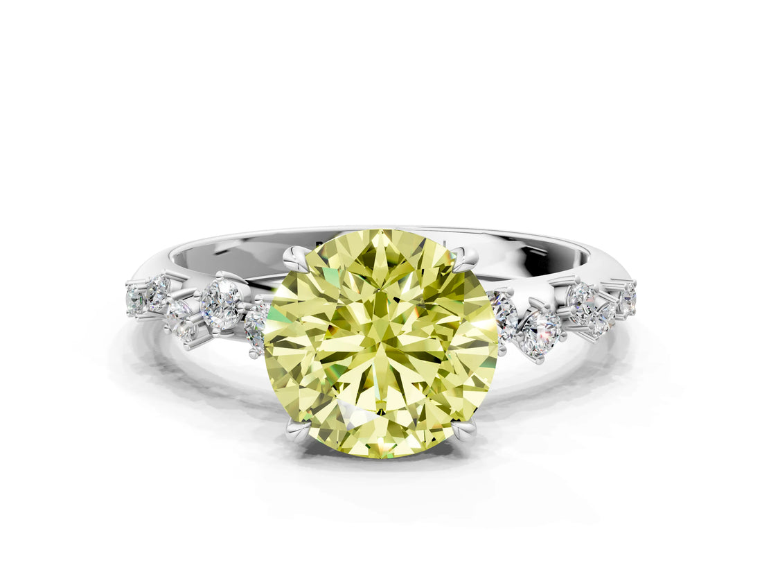 White gold Fancy Yellow Round Cut Diamond Cluster Side Stone Solitaire Ring with Prong Setting_53