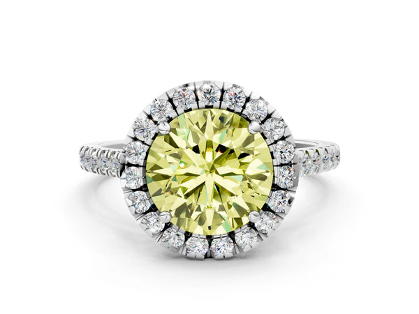 Platinum Fancy Yellow Round Cut Diamond Cushion Halo Ring with Pavé Band