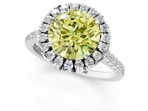 Platinum Fancy Yellow Round Cut Diamond Cushion Halo Ring with Pavé Band