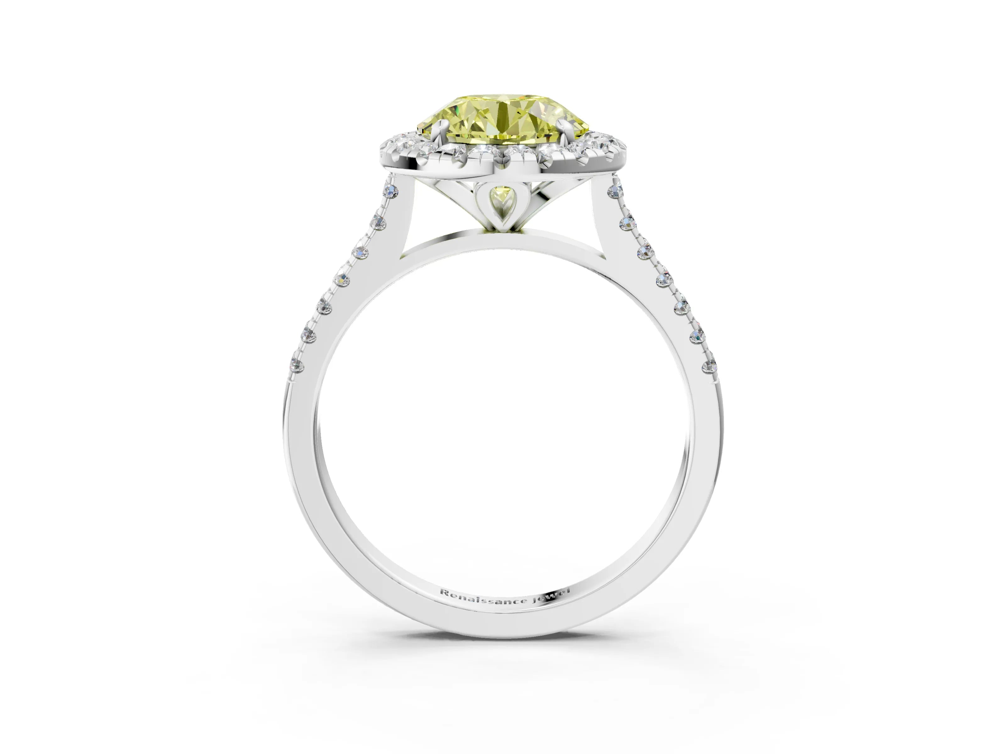 White gold Fancy Yellow Round Cut Diamond Cushion Halo Ring with Pavé Band_15
