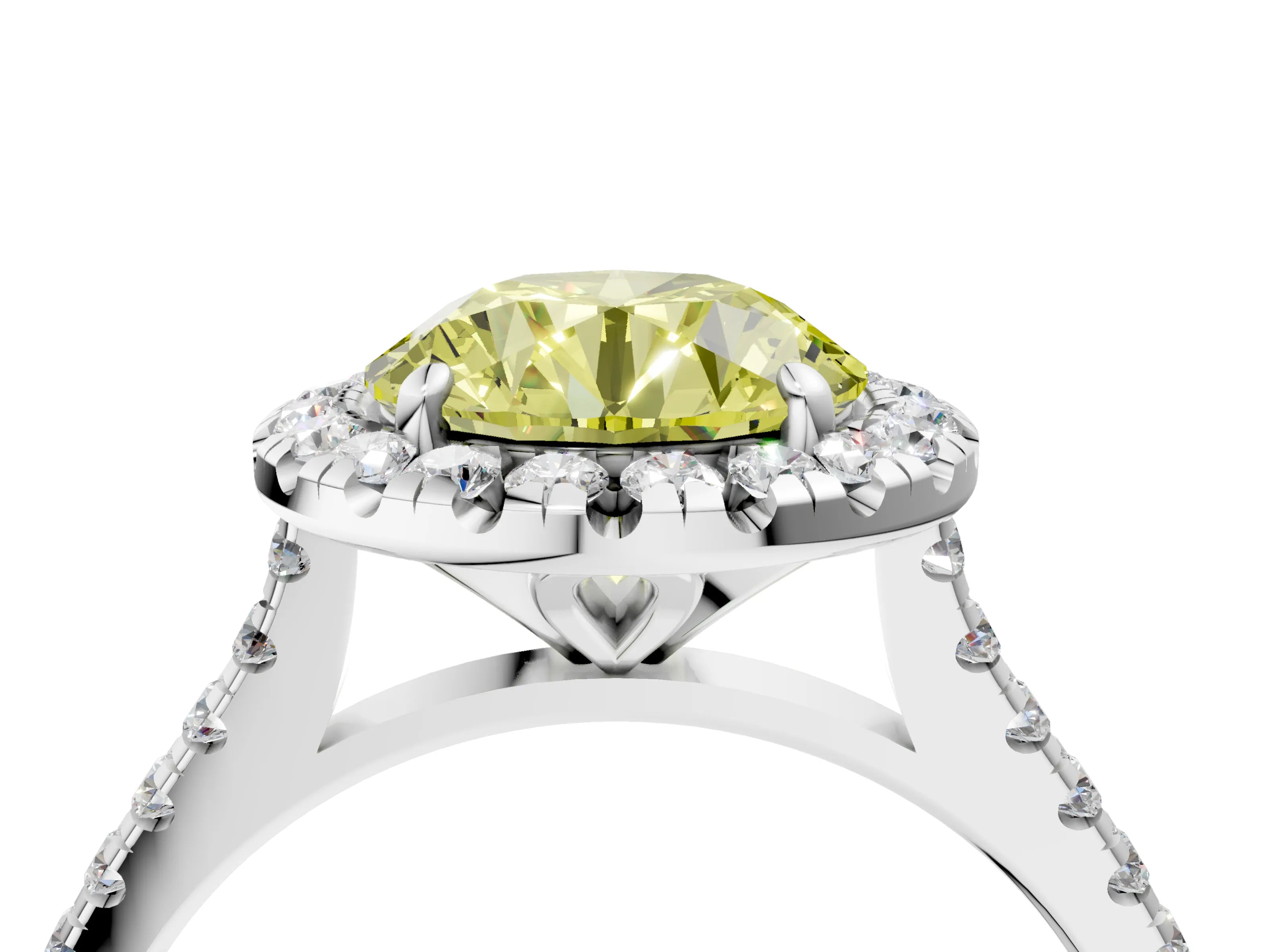 White gold Fancy Yellow Round Cut Diamond Cushion Halo Ring with Pavé Band_16