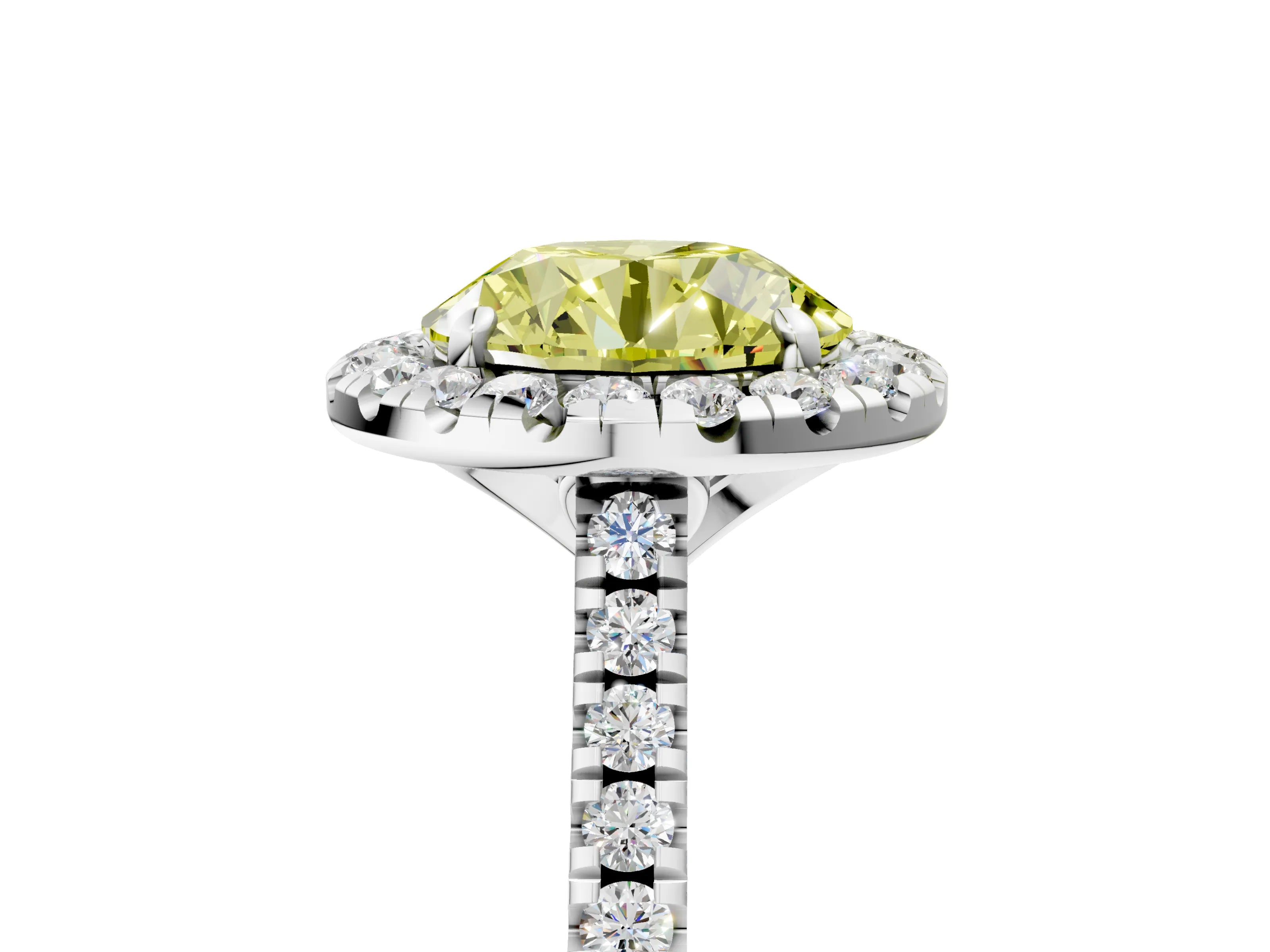 White gold Fancy Yellow Round Cut Diamond Cushion Halo Ring with Pavé Band_17
