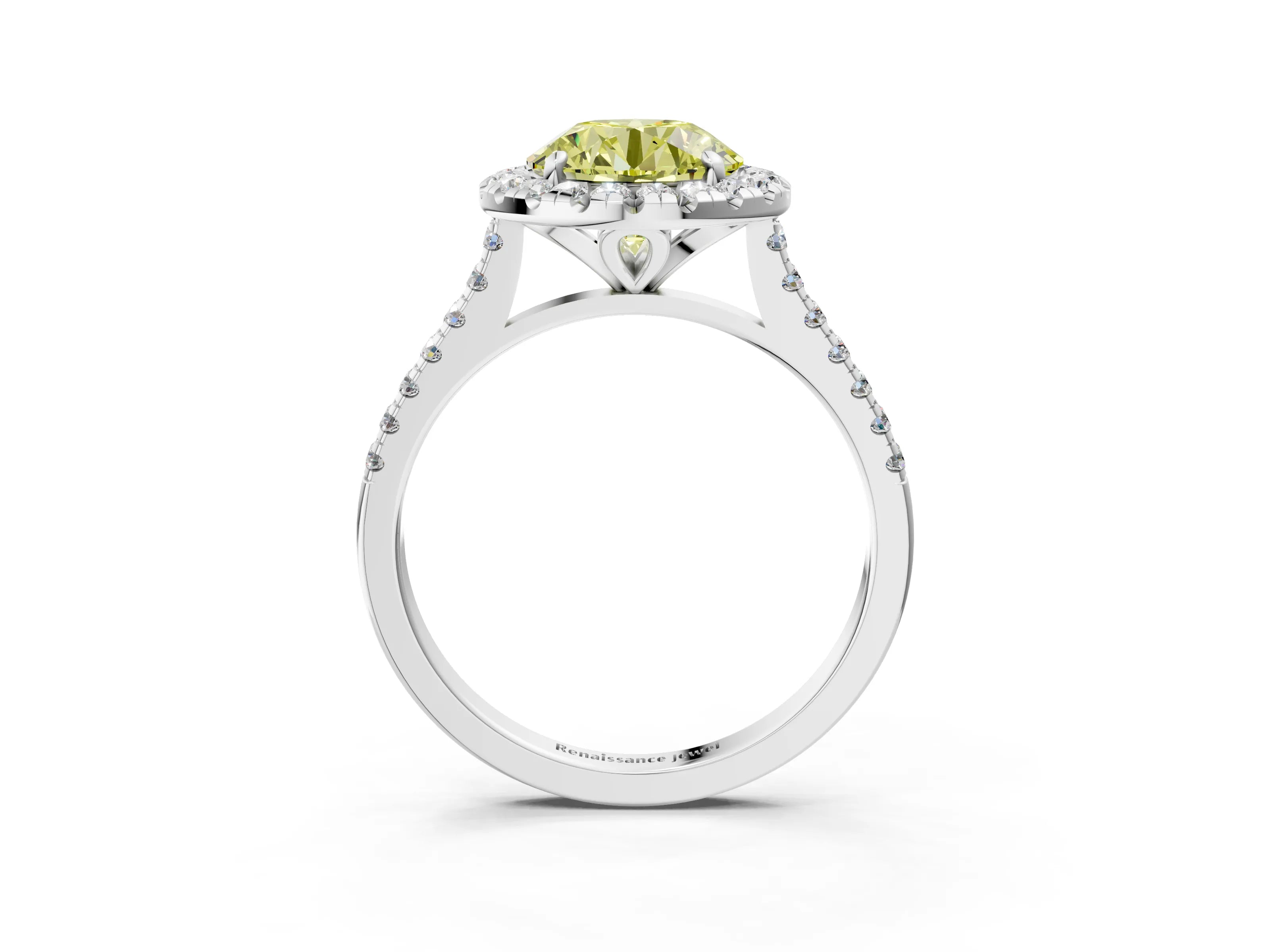 White gold Fancy Yellow Round Cut Diamond Cushion Halo Ring with Pavé Band_3