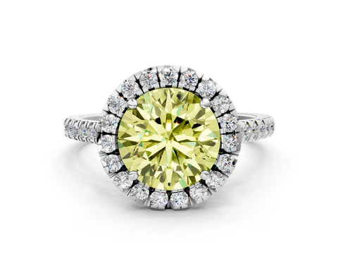 White gold Fancy Yellow Round Cut Diamond Cushion Halo Ring with Pavé Band