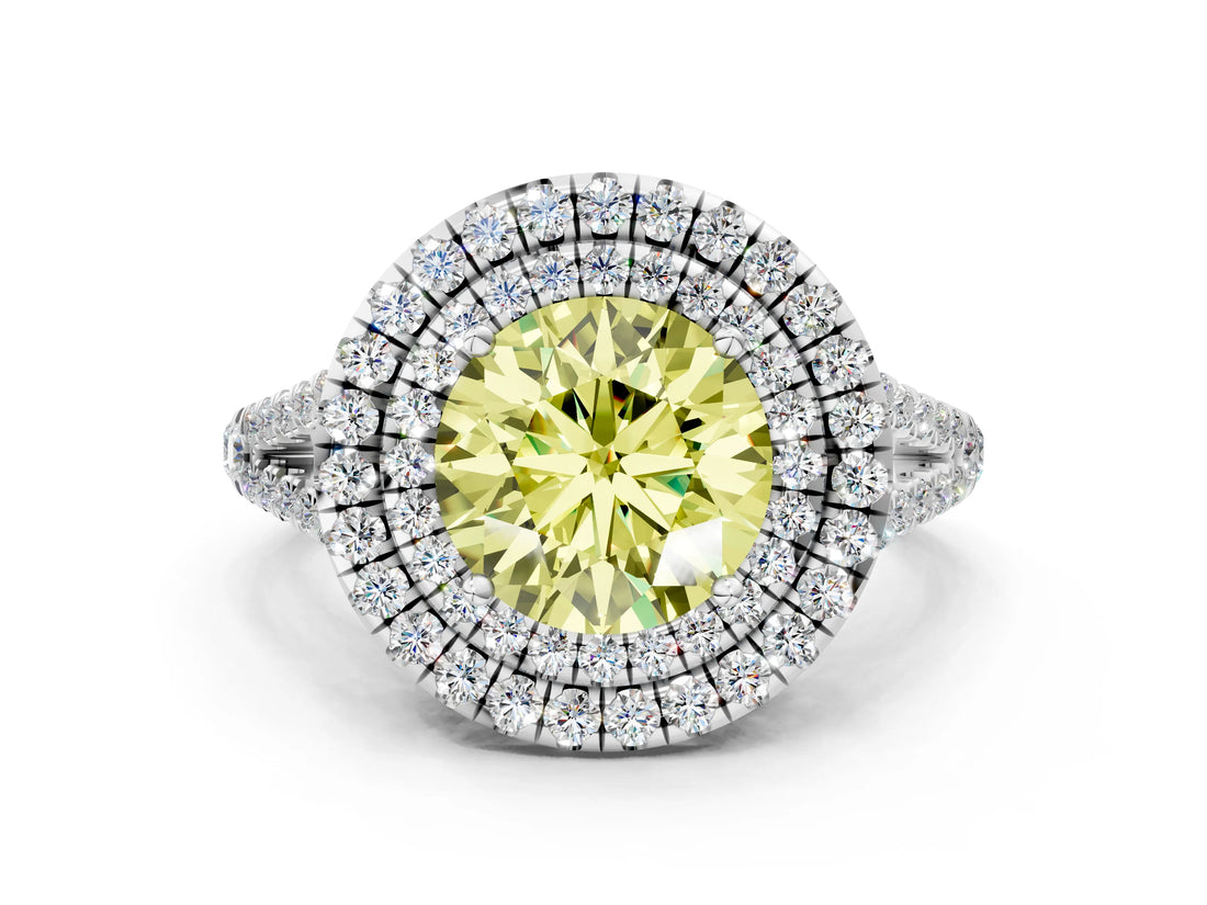 White gold Fancy Yellow Round Cut Diamond Double Halo Ring with Pavé Band and Prong Setting_52