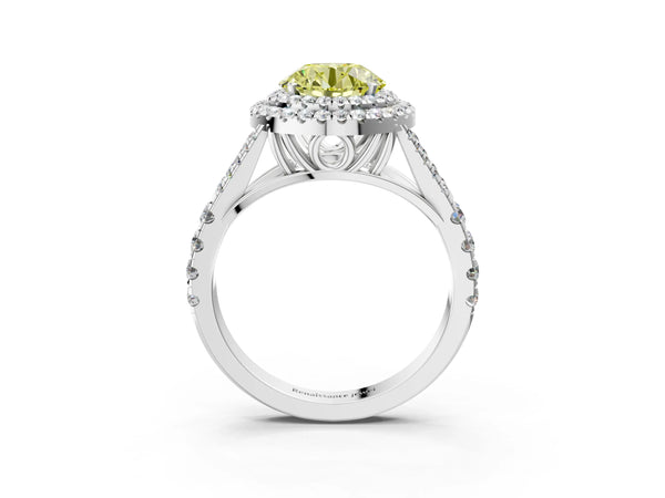 Platinum Fancy Yellow Round Cut Diamond Double Halo Ring with Split Shank and Prong Setting