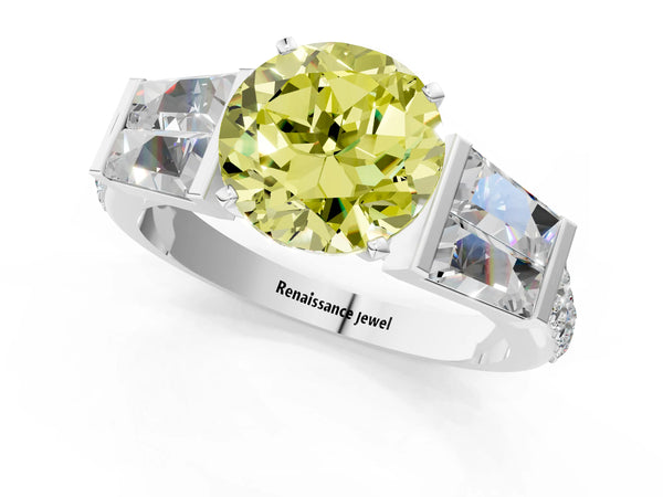 White gold Fancy Yellow Round Cut Diamond Engagement Ring with Baguette Side Stones and Channel Set Band