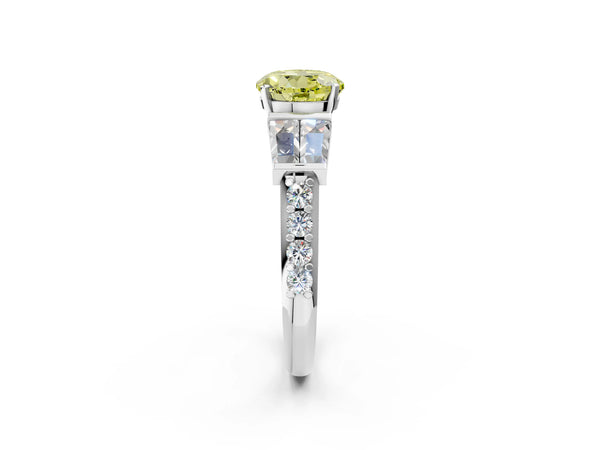 White gold Fancy Yellow Round Cut Diamond Engagement Ring with Baguette Side Stones and Channel Set Band