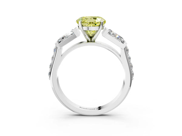 White gold Fancy Yellow Round Cut Diamond Engagement Ring with Baguette Side Stones and Channel Set Band