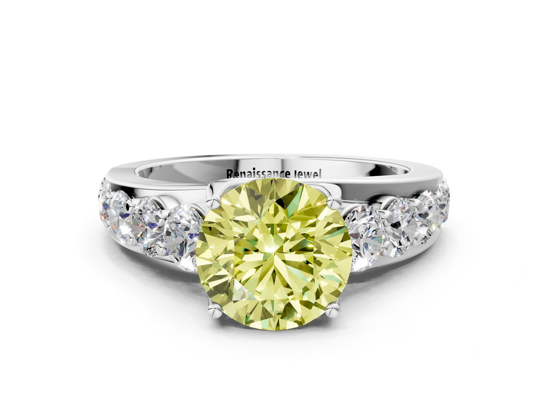 White gold Fancy Yellow Round  Cut Diamond Engagement Ring with Pavé Band and Four-Prong Setting_3