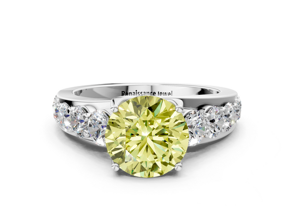 White gold Fancy Yellow Round Cut Diamond Engagement Ring with Pavé Band and Four-Prong Setting