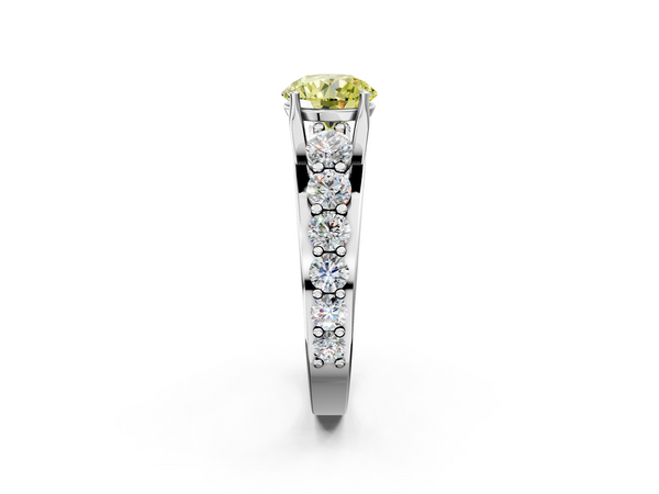 White gold Fancy Yellow Round Cut Diamond Engagement Ring with Pavé Band and Four-Prong Setting
