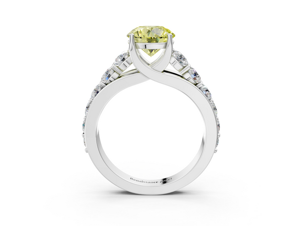 White gold Fancy Yellow Round Cut Diamond Engagement Ring with Pavé Band and Four-Prong Setting
