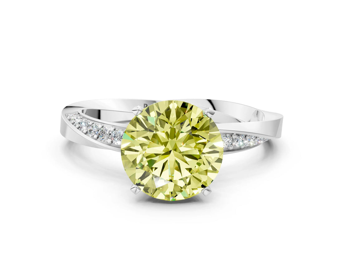 White gold Fancy Yellow Round Cut Diamond Engagement Ring with Side Stone Accents and Four-Prong Setting_12