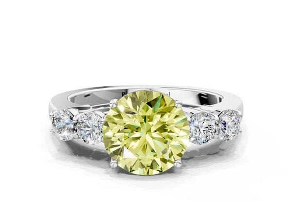 Platinum Fancy Yellow Round  Cut Diamond Five-Stone Prong Set White Gold Ring