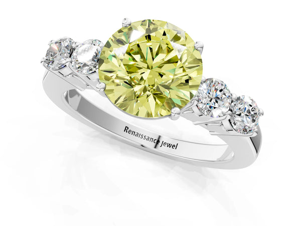 Platinum Fancy Yellow Round  Cut Diamond Five-Stone Prong Set White Gold Ring
