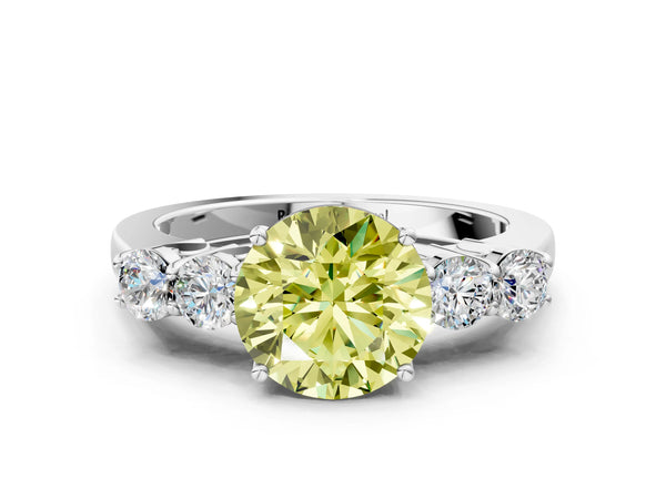 Platinum Fancy Yellow Round  Cut Diamond Five-Stone Prong Set White Gold Ring