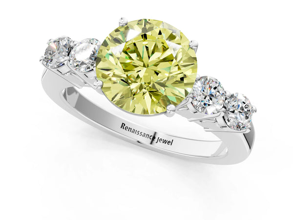 Platinum Fancy Yellow Round  Cut Diamond Five-Stone Prong Set White Gold Ring