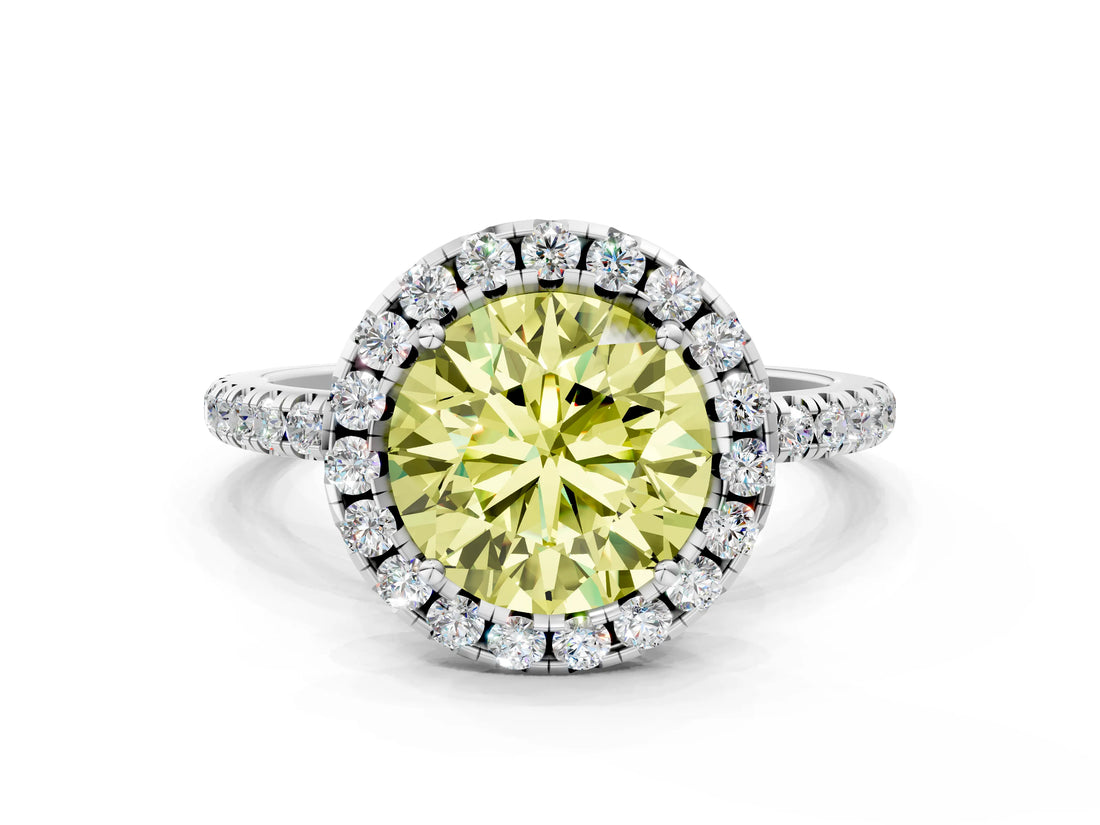 White gold Fancy Yellow Round  Cut Diamond Floral Halo Engagement Ring with Pavé Band and Prong Setting_29