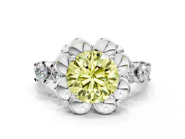 White gold Fancy Yellow Round  Cut Diamond Floral Halo Engagement Ring with Shared Prong Setting