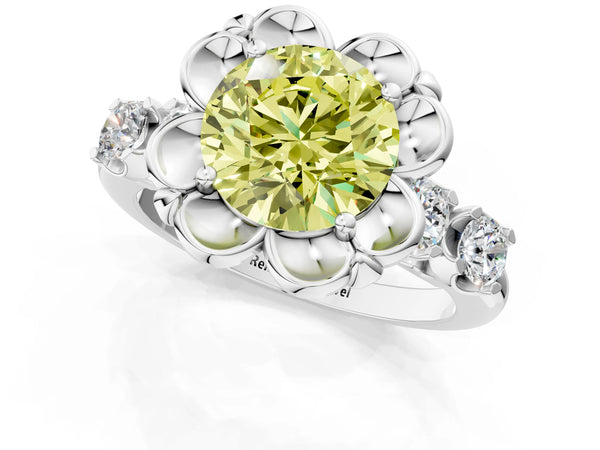 White gold Fancy Yellow Round  Cut Diamond Floral Halo Engagement Ring with Shared Prong Setting