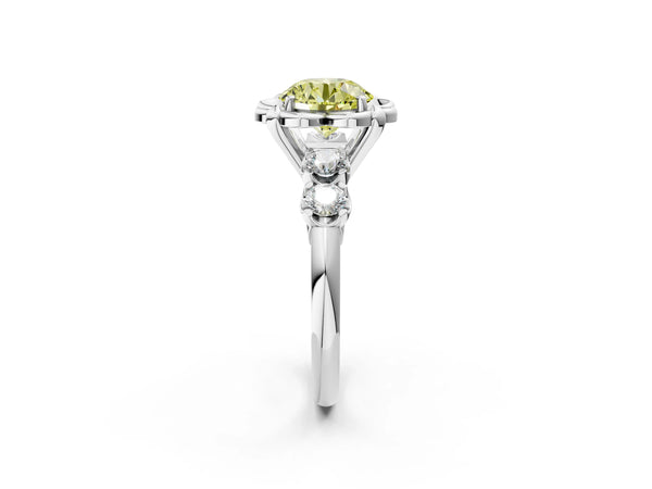 White gold Fancy Yellow Round  Cut Diamond Floral Halo Engagement Ring with Shared Prong Setting