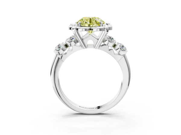 White gold Fancy Yellow Round  Cut Diamond Floral Halo Engagement Ring with Shared Prong Setting