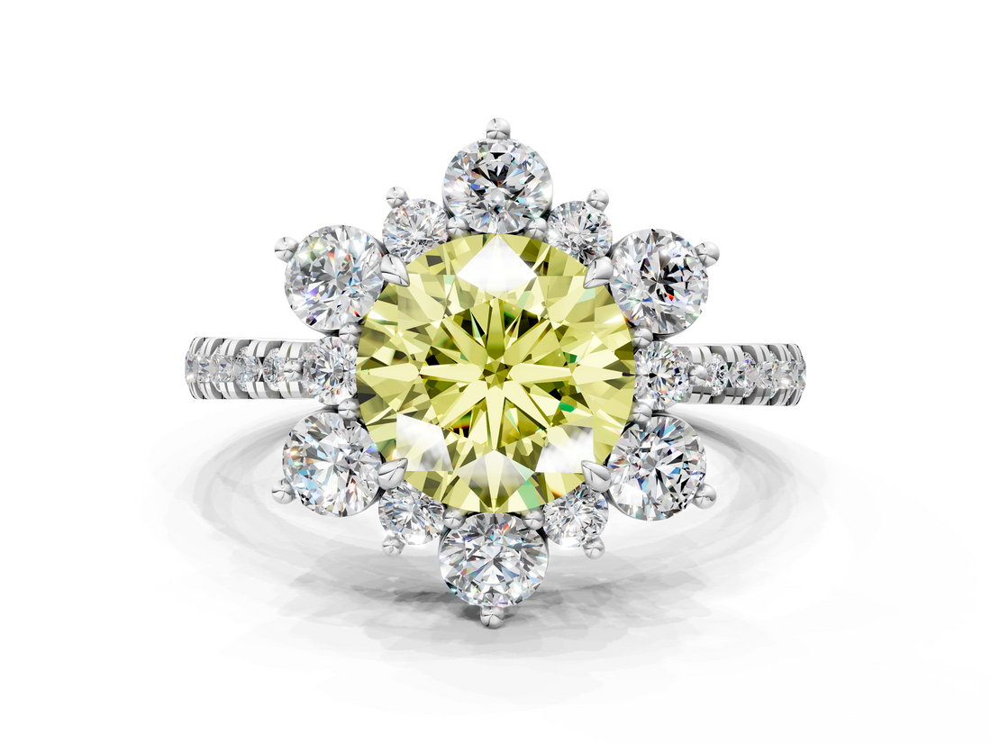 White gold Fancy Yellow Round  Cut Diamond Floral Halo Pave Band with Prong Setting
