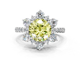 White gold Fancy Yellow Round  Cut Diamond Floral Halo Pave Band with Prong Setting
