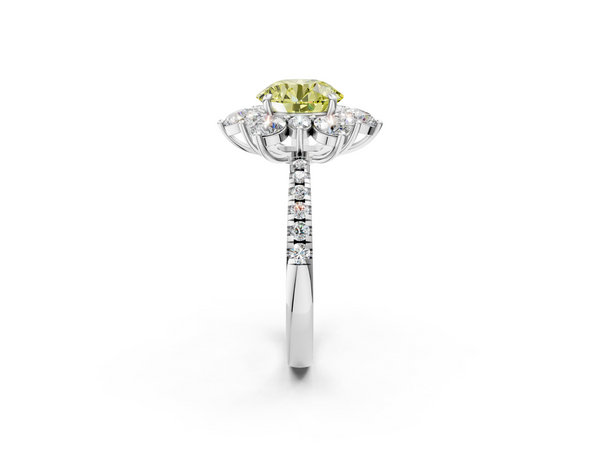Platinum Fancy Yellow Round  Cut Diamond Floral Halo Pave Band with Prong Setting