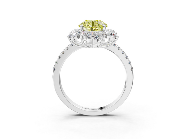 Platinum Fancy Yellow Round  Cut Diamond Floral Halo Pave Band with Prong Setting