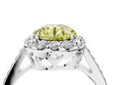 White gold Fancy Yellow Round Cut Diamond Floral Halo Ring with Pavé Band and Prong Setting_11